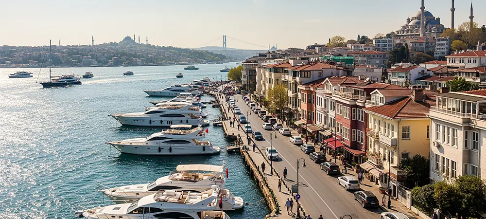 A 16:9 wide shot of a sunny day in the Ortaköy neighborhood of Istanbul. In the foreground, the coastal road is visible with traffic and people, and luxury yachts are docked along the shore in the waters of the Bosphorus. In the background, the Ortaköy Mosque and the Bosphorus Bridge are visible