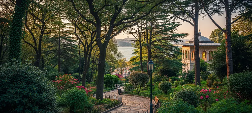 A 16:9 wide photo showing a tranquil scene in Yıldız Park, Istanbul, at sunset. A winding stone path curves through a lush garden with large trees and flowering bushes. To the right, an elegant historical pavilion is nestled among the greenery, and in the background, a view of the Bosphorus strait is visible through the trees