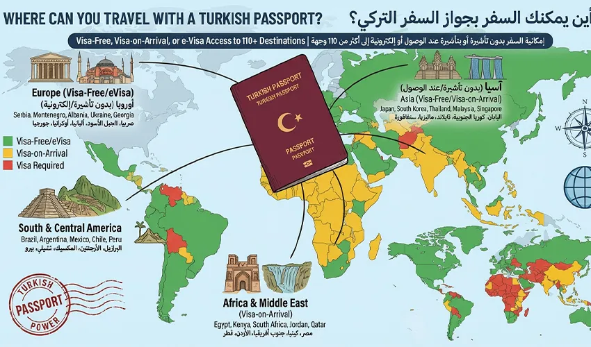 الوجهات المتاحة بدون تأشيرة لجواز السفر التركي