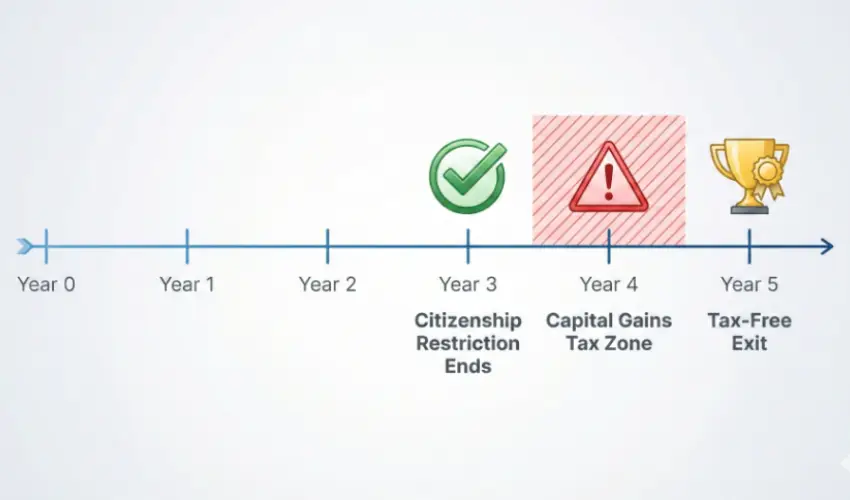 Timeline showing 3-year citizenship hold vs 5-year capital gains tax period in Turkey