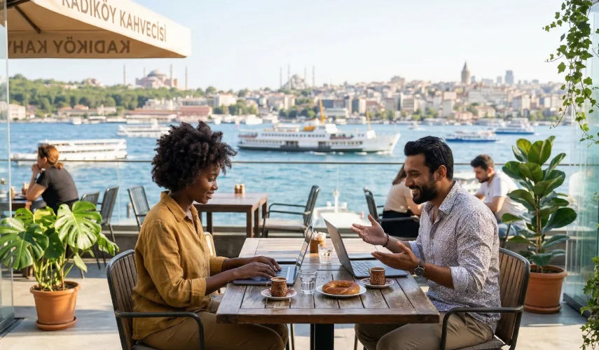 المغتربون يستمتعون بنمط حياة فاخر وتكلفة معيشة منخفضة في مقهى في إسطنبول