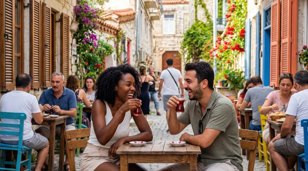 A foreign couple enjoying traditional Turkish tea at a cafe, illustrating the appealing quality of life in Turkey.