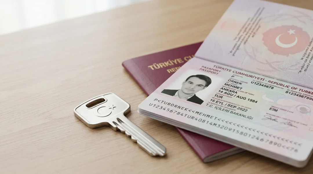 Symbolic image of a Turkish passport and house key for real estate residency and citizenship.