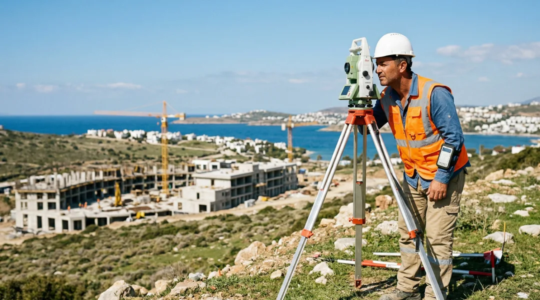 A surveyor on a plot of land in Turkey, relating to understanding land rights and property rules.