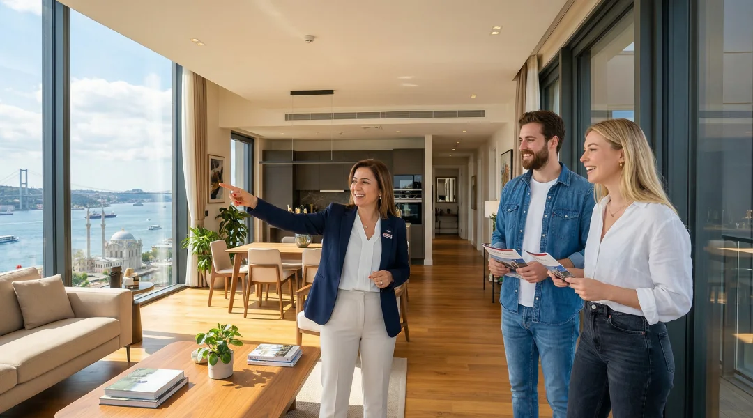 A real estate agent showing a modern apartment in Istanbul to foreign buyers, guiding them through the purchase process.