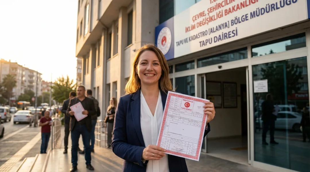 A foreign property buyer happily holding her Turkish Title Deed (Tapu), completing the sale.