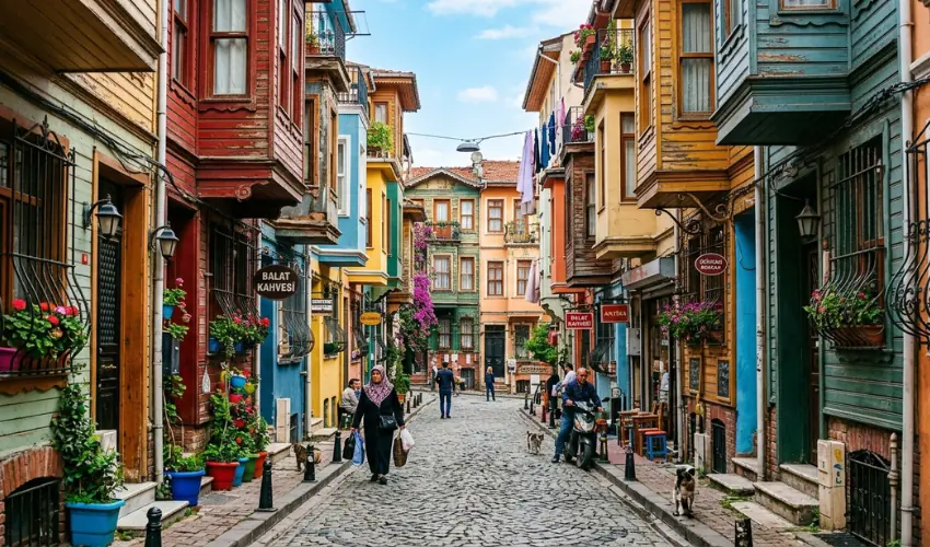Historic wooden houses in the colorful neighborhood of Balat, Istanbul